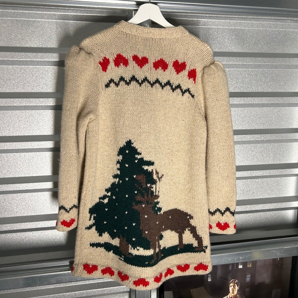 VINTAGE Concepts Susan Bristol Cardigan Womens M Beige Wool Heart Deer Pine Tree - Picture 2 of 14